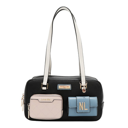 BOLSO DE HOMBRO CON BOLSILLO Y BLOQUES DE COLOR (NEGRO)